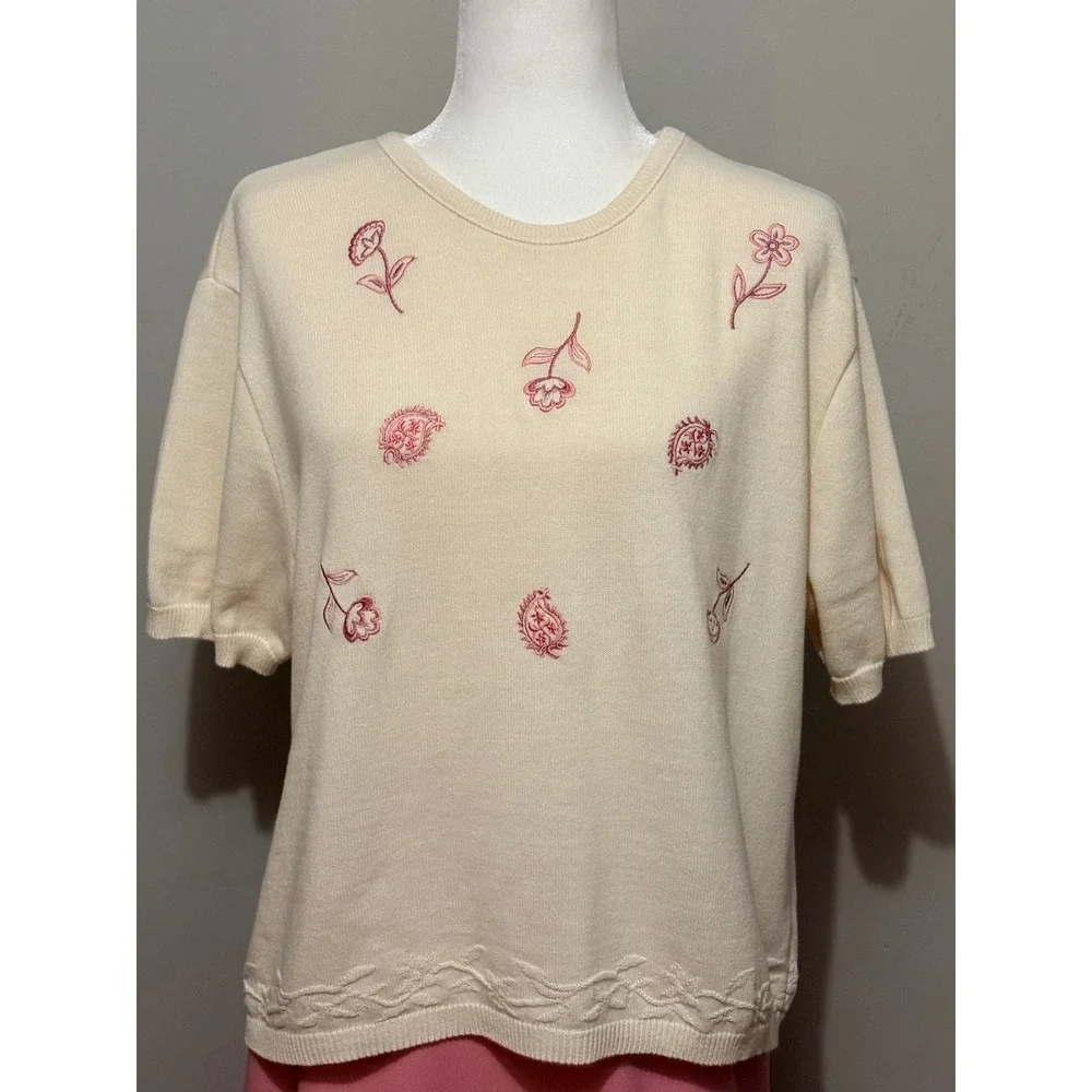 VTG Nikki Southern Pink Cream Floral‎ Embroidered Sweater & Midi Skirt Set XL 18